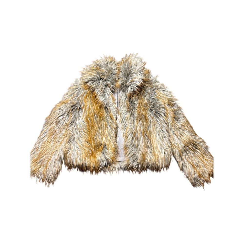 Glamorous Faux Fur Jacket Women Small Gray Brown Shaggy Cropped Coat